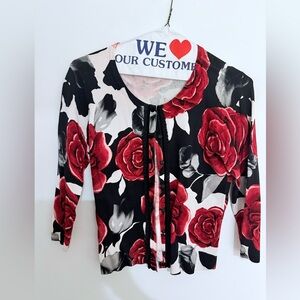 White House Black Market Snap Front Red Rose Floral Cardigan Sz S